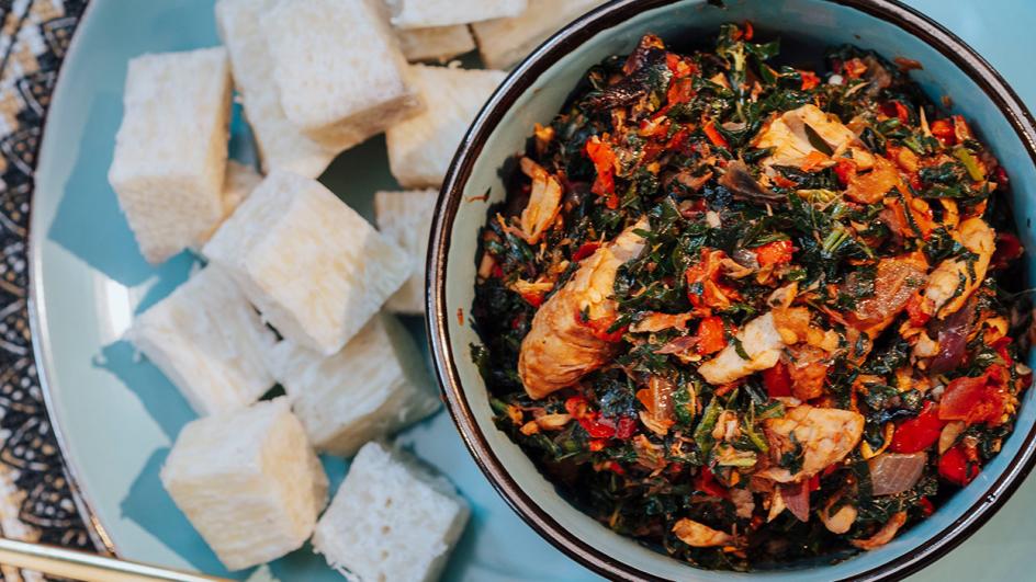 FISH IN GREEN SAUCE WITH BOILED YAM